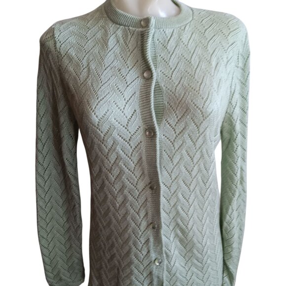 Womens Medium Vtg Cardigan Sweater Mint Green Chevron Knit Pearl Granny Buttons - Picture 1 of 8